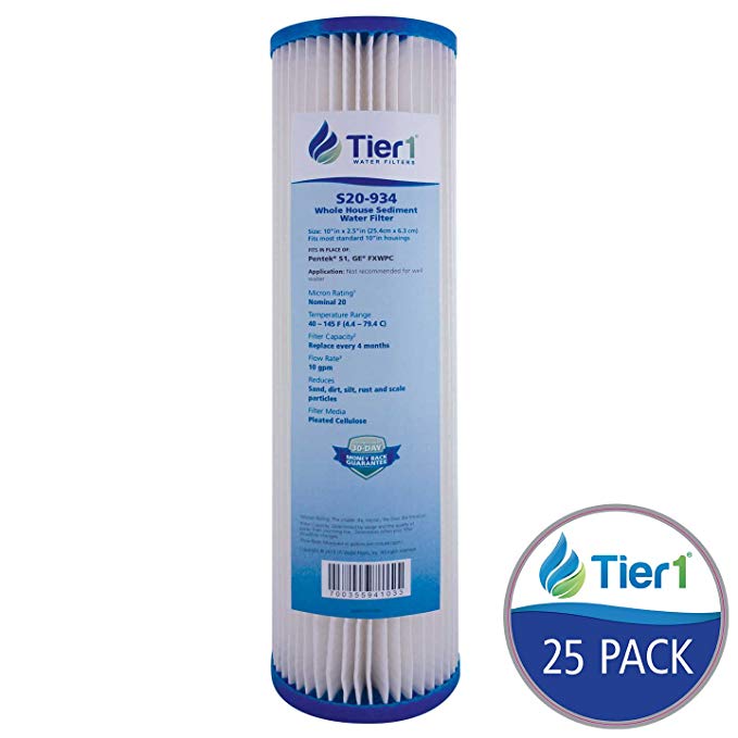 Tier1 S1 20 Micron 10 x 2.5 Pleated Cellulose Sediment Pentek Comparable Replacement Water Filter 25 Pack - Not for Well Water