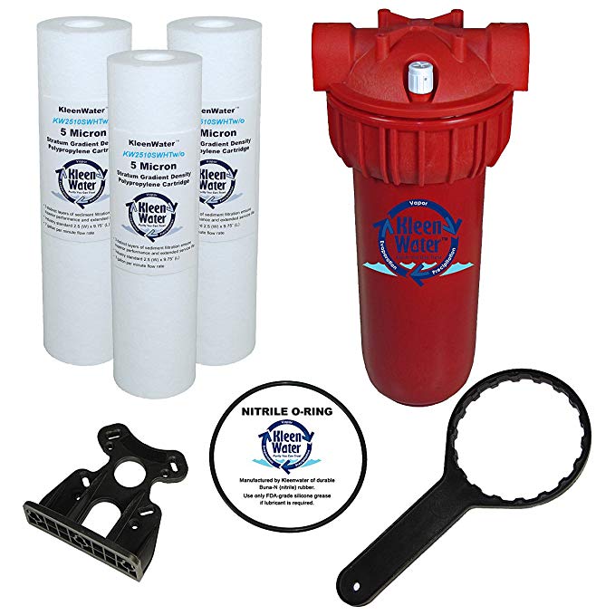 KleenWater Hot Water Filter (1), Mounting Bracket (1), 5 Micron High Temp Cartridges (3), Spare Oring (1), Filter Wrench (1)