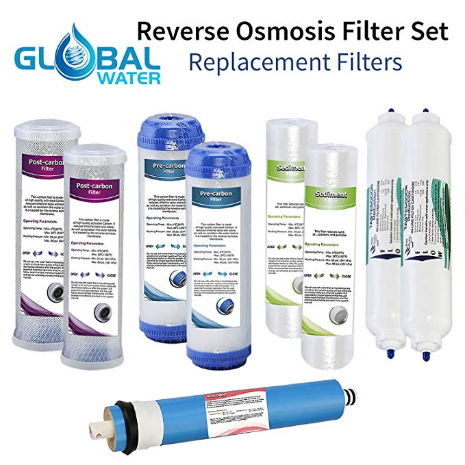 Universal 10' Global Water Replacement Filter Set for 5-Stage Reverse Osmosis RO Filters with 50GPD Membrane, Fits all 5-stage RO Systems.