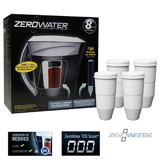 ZeroWater ZD-013 Filtration Pitcher with Electronic Tester + Replacement Filter 4-Pack