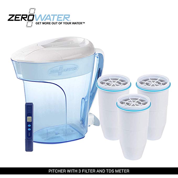 ZeroWater 10-Cup Pitcher with 3 Replacement Filter and Free Water Quality Meter