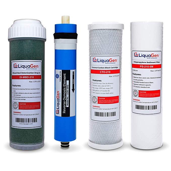 LiquaGen Complete Replacement Water Filter Kit for 4 Stage RO/DI Systems