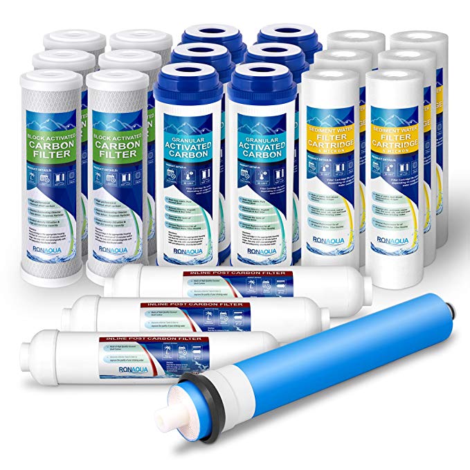 Filter Replacement Set for 5-Stage Reverse Osmosis Water Filtration System (6 Sediments, 6 Carbons, 6 GAKs, 3 Inline filters, 50GPD NSF Certified Membrane) 3-Year Supply