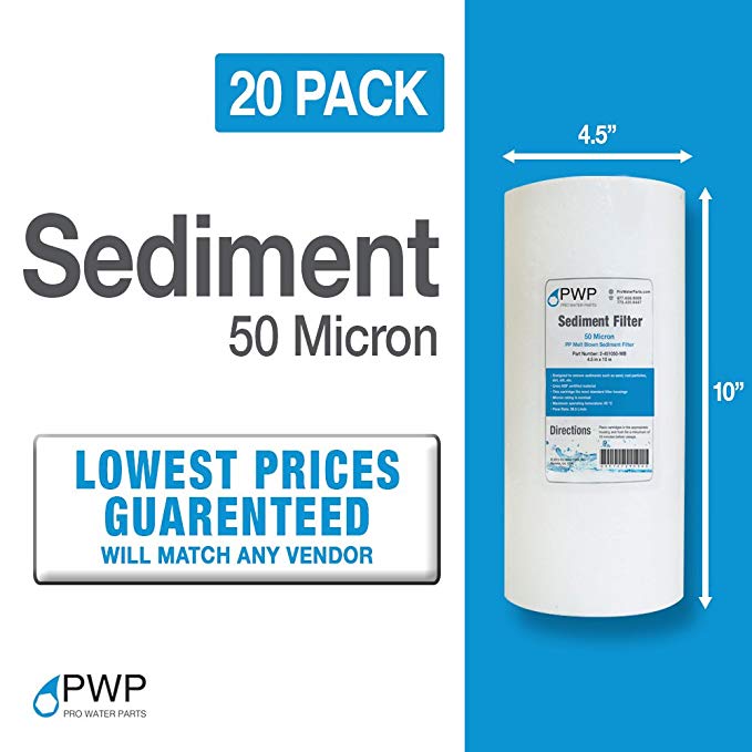 PWP Sediment Water Filter Melt Blown Spun Poly RO Whole House 10x4.5in 50 Micron 20 Pack